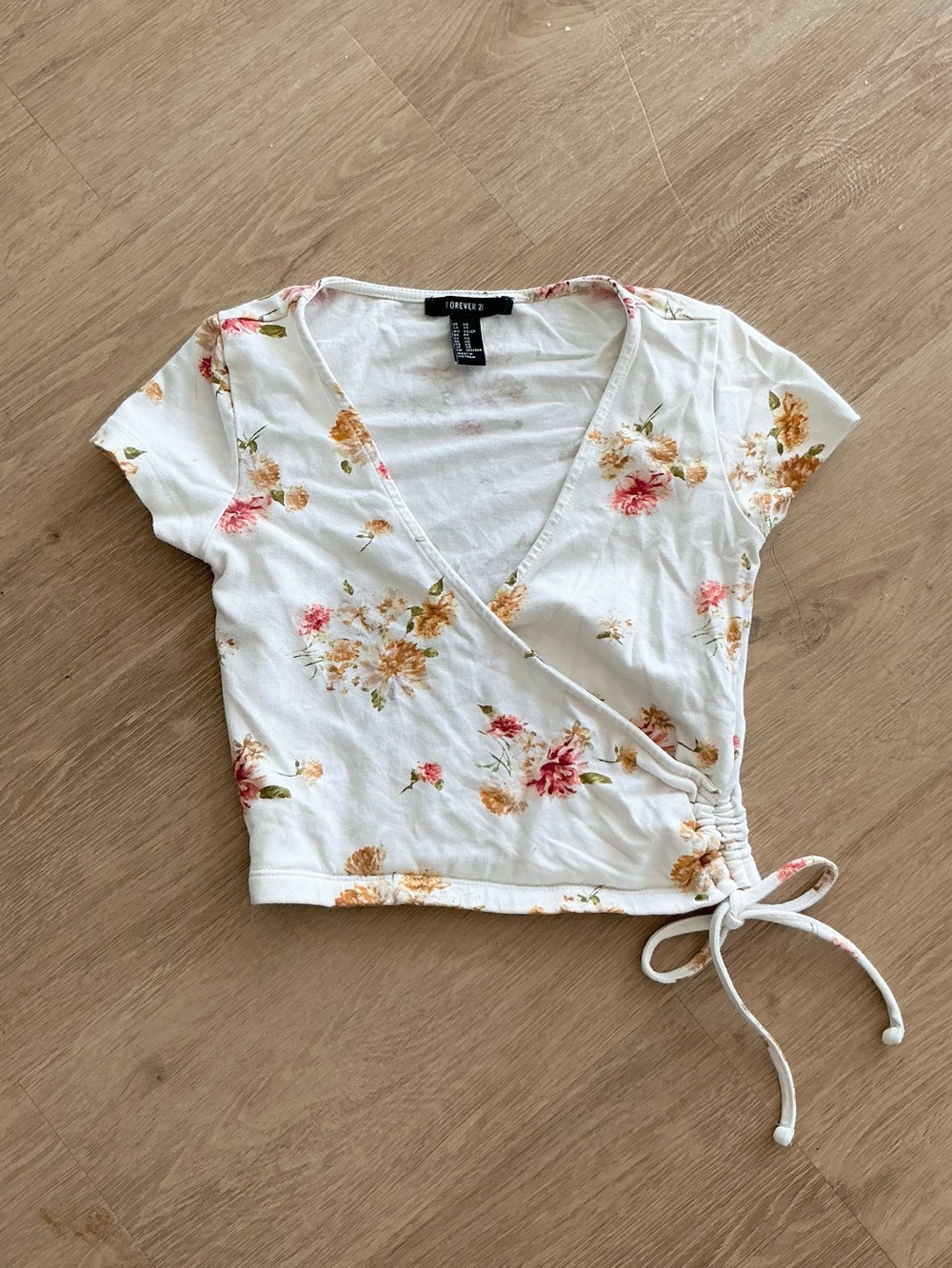 Forever 21 White Floral Wrap Crop Top Side Tie ruched